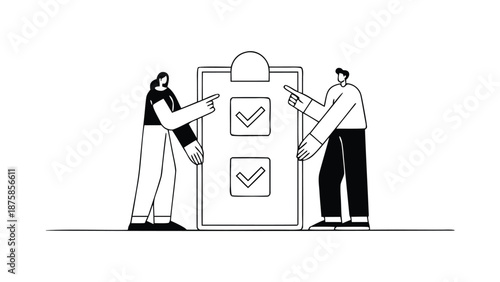 Two business people validating a checklist with a clipboard in a minimal line illustration style