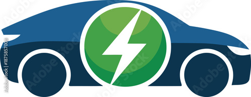 Electric car icon with green lightning bolt symbol for eco friendly transportation and renewable energy
