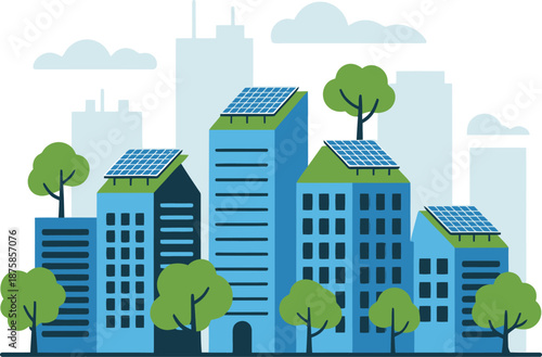 Eco friendly cityscape with solar panels and green trees, urban sustainability concept, flat vector illustration