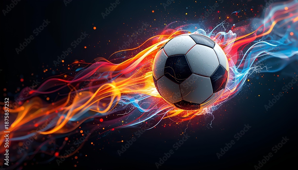 Fototapeta premium Flaming Soccer Ball with Fire and Ice Energy Trails Moving Through Dark Space
