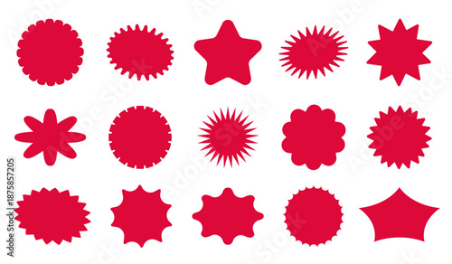 Collection of bold Red vector shapes with star and burst styles. Perfect for creating custom sale labels, price tags, and promotional templates for advertising or business designs.

