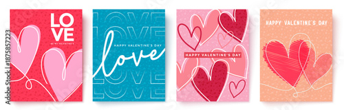 Valentine’s Day collection featuring artistic heart graphics, stylish text, and colorful layouts, great for creating romantic invitations, cards, and seasonal poster designs.

