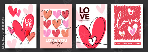 Valentine’s Day poster collection designed with expressive hearts, modern text, and warm tones, Perfect for greeting cards, festive displays, and holiday decoration projects.

