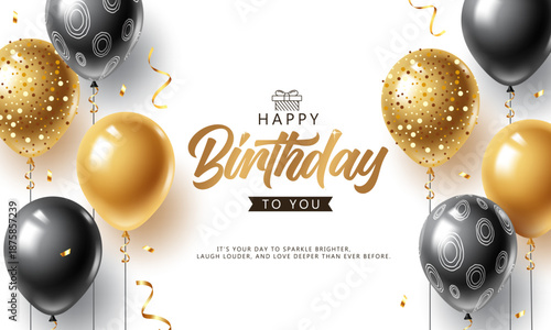 Happy Birthday Clipart with Metallic Balloons and Confetti on White Minimalist Background. Happy birthday Greeting design Vector Illustration.

