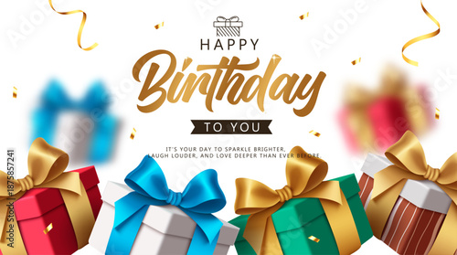 Happy Birthday Greeting Clipart Design. Colorful Birthday Gift Boxes with Gold Ribbons and Confetti for Festive Celebration Designs

