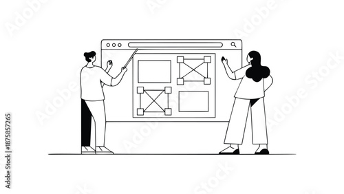 Two people collaborating on a digital workflow diagram erasing and drawing on a large computer screen with a browser interface
