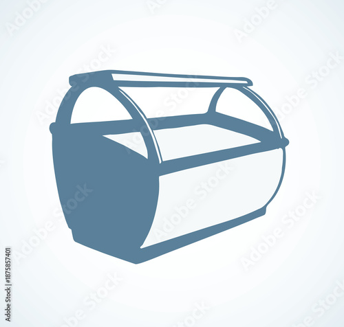 Chiller show icebox shelf stand on light background. Line black hand draw empty rack chest box. Cafe aisle device symbol sign in art modern doodle cartoon style on paper space for text. Closeup view