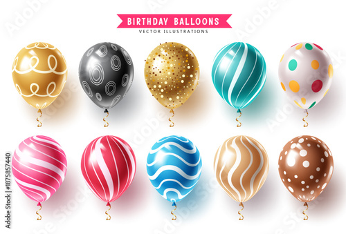 Set of birthday balloons collection design with glossy helium balloons in various colors and patterns, isolated on white background, ideal for birthday banner, poster, greeting card and decoration.