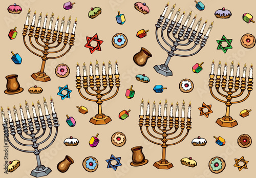 Vintage golden hanukka candelabra lamp, dough pastry bread eat bakery snack, old cup gift, spin toy. Biblic ethnic happy hanukkiah hexagram ceremony design drawn as retro graphic art on beige backdrop