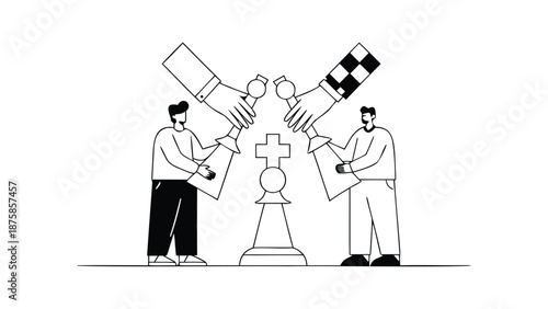 Businessmen shaking hands over chess pieces and medical cross symbolizing strategy and healthcare partnership