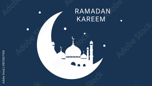 Ramadan Kareem crescent moon and mosque illustration on a dark blue background with stars