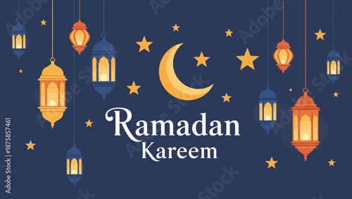 Ramadan Kareem greeting with crescent moon, stars, and traditional lanterns on a deep blue background, celebrating the holy month of fasting and prayer