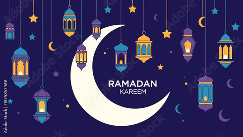 Ramadan Kareem Crescent Moon and Hanging Lanterns Background Islamic Festival Celebration Greeting Card Design