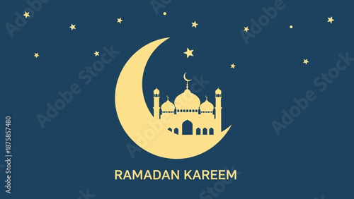 Ramadan Kareem Greeting with Crescent Moon, Mosque Silhouette, and Starry Night Sky Illustration