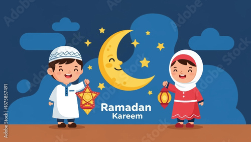Ramadan Kareem Islamic illustration featuring a smiling crescent moon and two children holding lanterns, celebrating the holy month of fasting and prayer