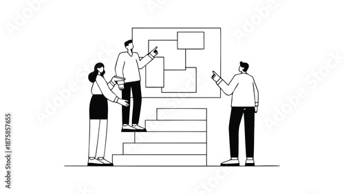 Business team planning process illustrated as staircase diagram with flowchart