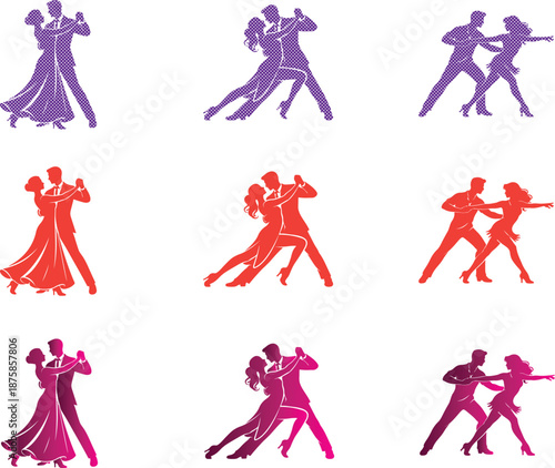 Dancing couple illustrations show ballroom tango and Latin poses in varied colors and patterns