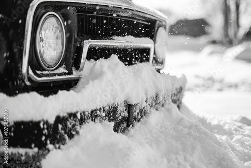 A snowy day with a vintage car.