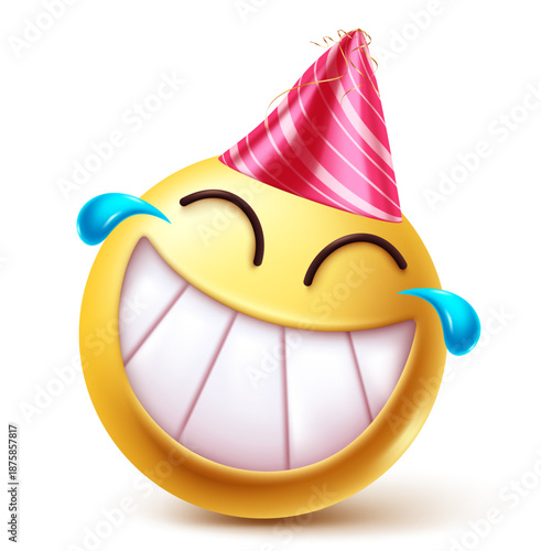 Laughing emoji with tears wearing a party hat perfect for birthdays and fun celebrations. Vector illustration

