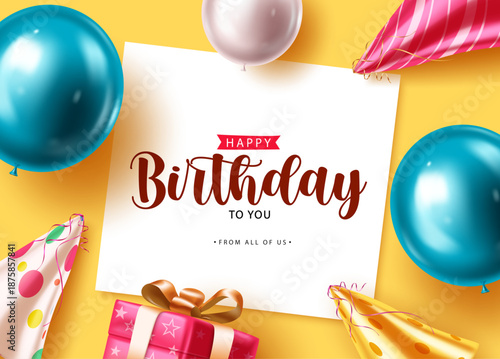 Festive birthday clipart featuring vibrant balloons, party hats, and a gift box surrounding a cheerful “Happy Birthday” greeting card on a bright yellow background perfect for party invites or wishes.