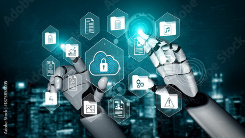 Futuristic robot hands engage with digital icons representing data security and cloud computing, showcasing technology role in innovation and connectivity. Gantry © InfiniteFlow