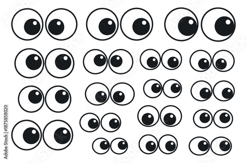 Cartoon googly eyes set featuring different directions and sizes for fun projects and creative designs