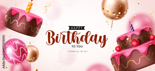 A cheerful birthday-themed clipart featuring chocolate cakes with candles, pink and gold balloons, and confetti. Perfect for greeting cards, party invitations, banners, and celebration designs.

