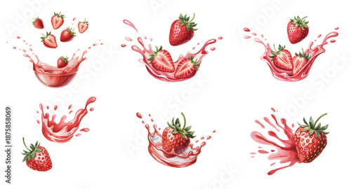 Fresh strawberries with juice splash in natural watercolor art.
