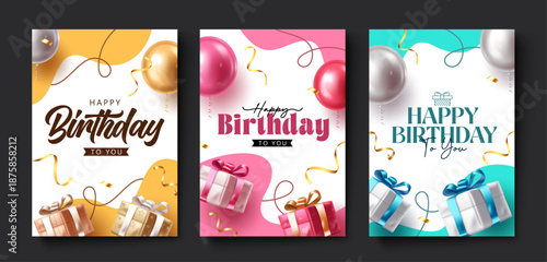 Vibrant Birthday Greeting Clipart Poster Set with Balloons, Confetti, and Ribbon-Wrapped Gifts in Three Unique Designs. Birthday Card Collection with 3D Balloons, Gift Boxes, and Swirling Ribbons.

