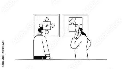 Analytical people solving problems together examining puzzle pieces on charts thoughtful expressions collaborative brainstorming session strategy and planning concept