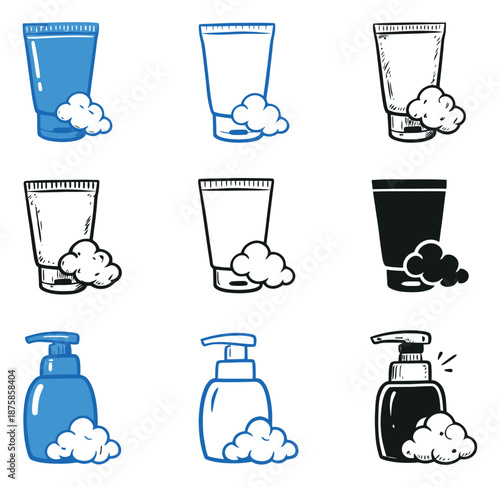 Hand drawn line art and solid cosmetic product icon set featuring tubes and pump bottles with foam for personal care and beauty concepts