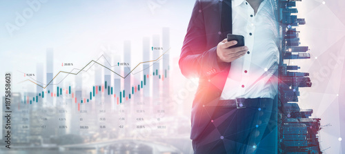 Professional businessman using smartphone in urban setting with digital financial chart, graphs, and modern city skyline, symbolizing future technology and investment Scalp. © InfiniteFlow