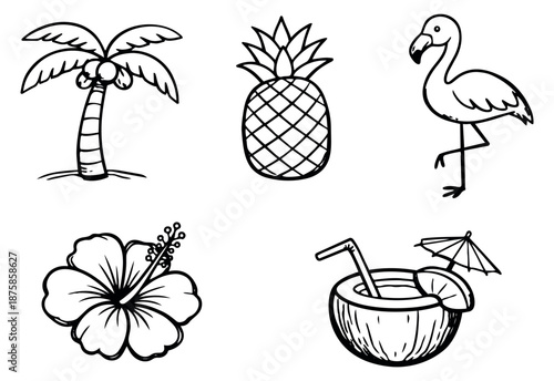 Hand drawn line art tropical set featuring a palm tree, pineapple, flamingo, hibiscus flower, and coconut drink for summer vacation designs