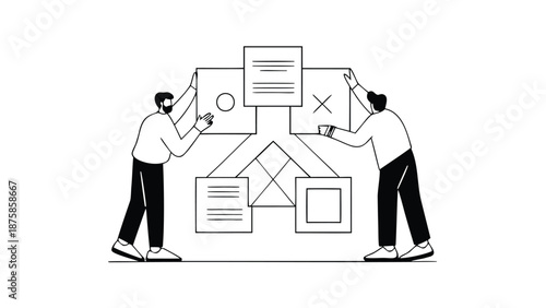 Two business professionals collaboratively working on a layered root cause analysis diagram with multiple interconnected components