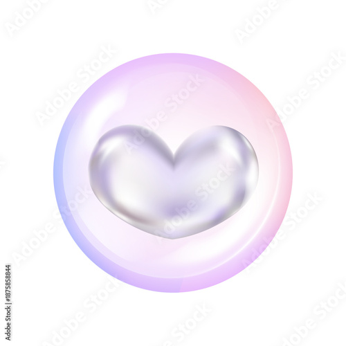 Transparency 3d heart shape holographic chrome color gradient background. Glassmorphism with shiny, glossy, reflective surface.