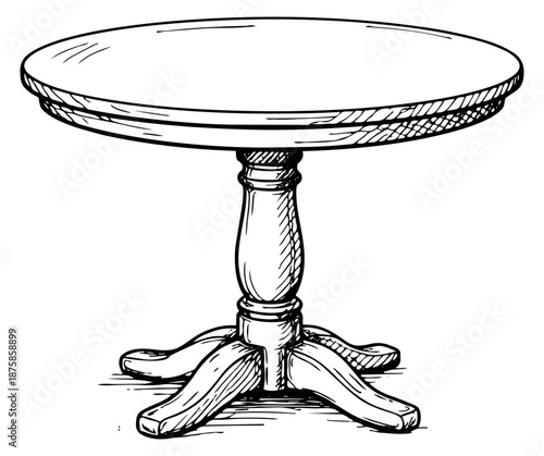 Hand drawn illustration of a round pedestal table depicting a classic furniture piece for interior design