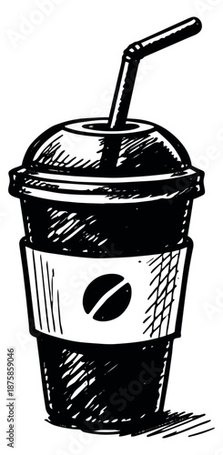 Hand drawn line art illustration of a disposable coffee cup depicting a lid and straw for a take away beverage
