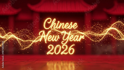 Chinese New Year 2026 Celebration with Golden Wavy Particles and Traditional Architecture.