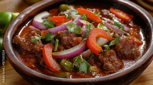 A hearty and flavorful dish of slow-cooked meat stewed with onions, peppers, tomatoes, and spices served in a rustic bowl. Perfect for winter meals or family gatherings.