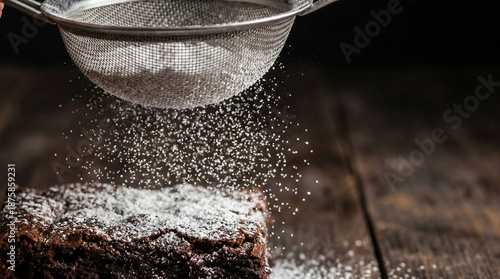 Fine powdered sugar sifting onto chocolate brownie with sharp particles