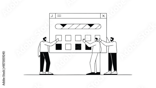 Three people collaborating on a digital project with progress bars and charts on a large computer screen interface