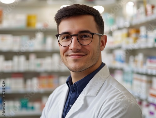 Happy young male pharmacist wearing glasses and white lab coat standing in front of medicine cabinets with various bottles and prescription forms.