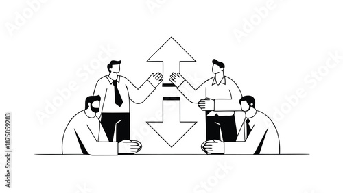 Business strategy meeting with team collaboration and converging arrows for alignment and planning