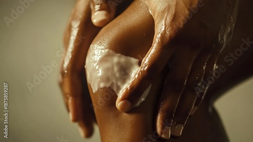 A person is showering and washing their lower legs with water. The focus of the image is on the hands holding soap suds onto the skin being washed.