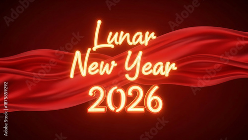 Lunar New Year 2026 Glowing Text with Red Abstract Waves Background.