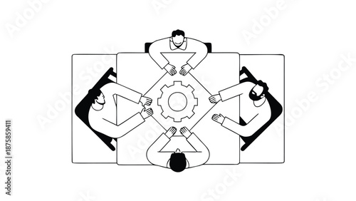 Business team meeting around table with gear showing balance and strategic planning