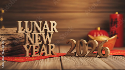 Lunar New Year 2020 Celebration with Wooden Letters and Traditional Decorations.