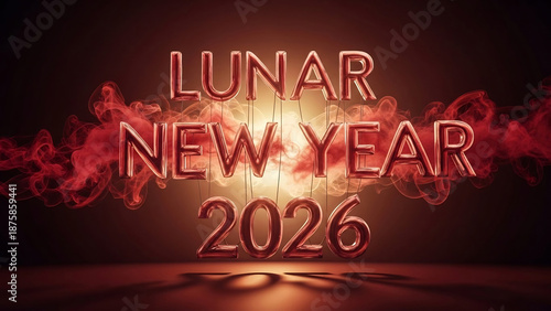 Lunar New Year 2026 Glowing Text with Fiery Smoke on Dark Background.