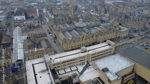 Aerial view of Halifax town centre showing the historic market tall and other town centre buildings