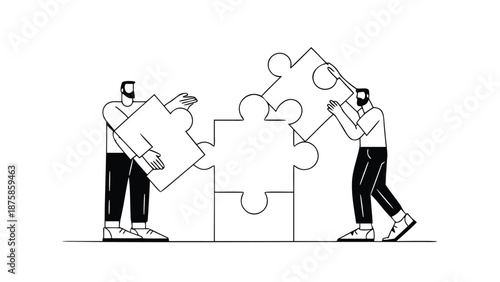 Two businessmen collaborating on a puzzle teamwork and problem solving concept in a minimalist line art style
